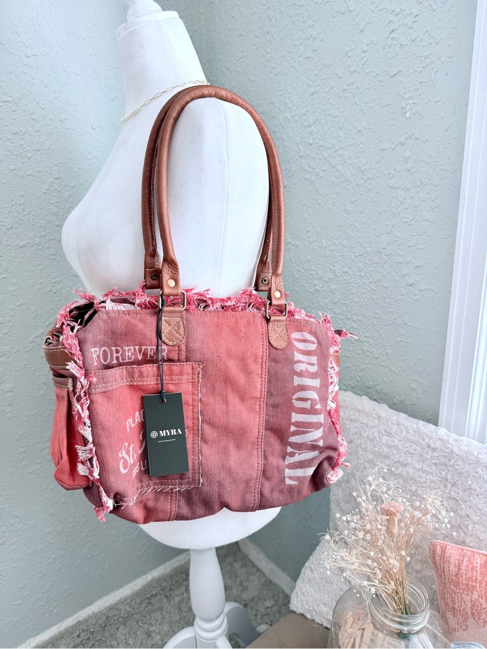 Myra Bag Rose Canvas Tote with Brown Handles and Frayed Trim - Picture 2 of 7